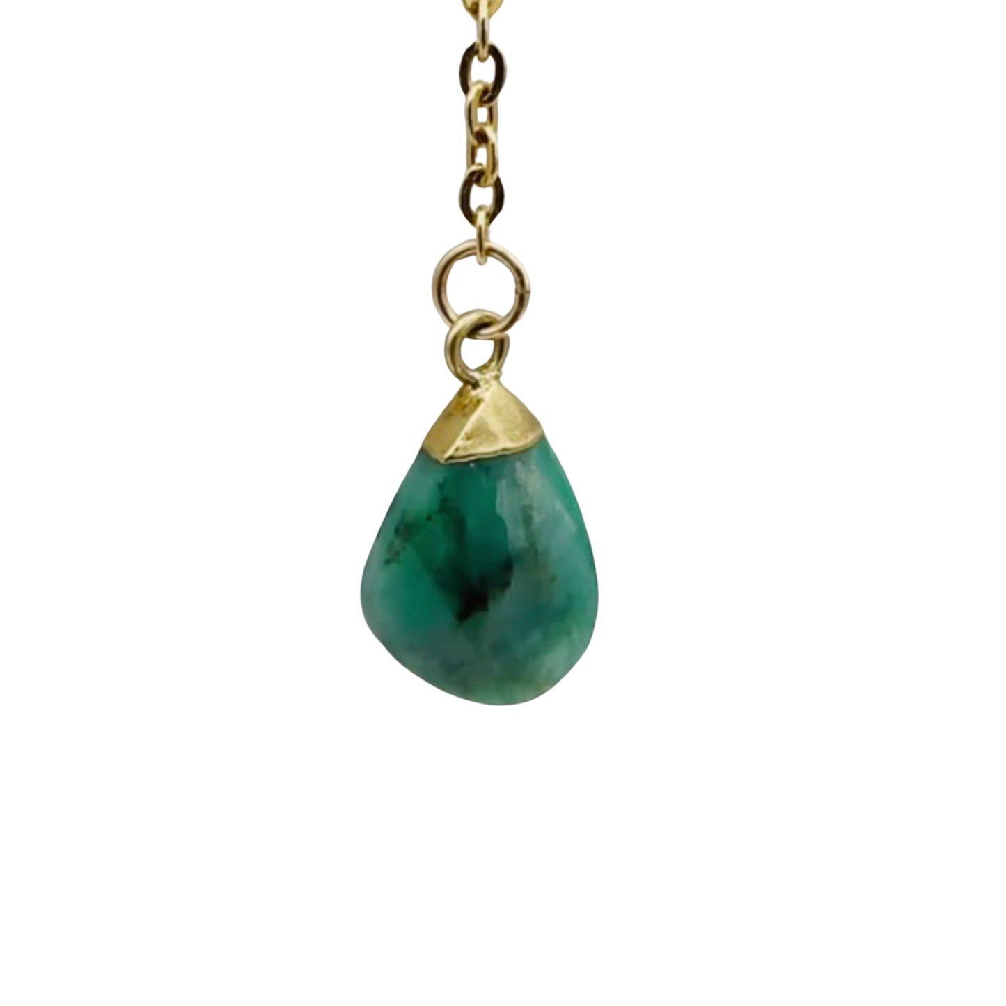Close-up-of-a-malachite-gemstone-suspended-from-gold chain