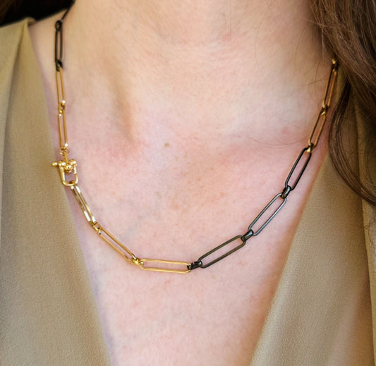 Mixed Metal Paper Clip Chain Necklace- Gold & Black
