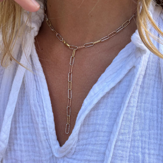 Mixed Metal Paper Clip Chain  Necklace - Silver Rose Gold & Gold