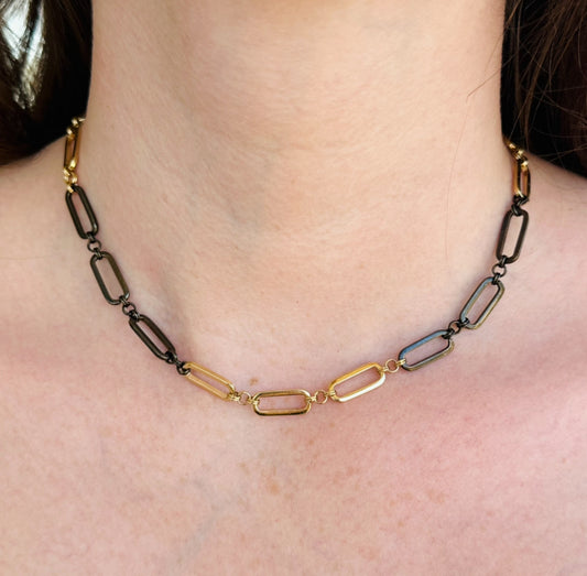Mixed Metal Paper Clip Chain Necklace - Gold & Black