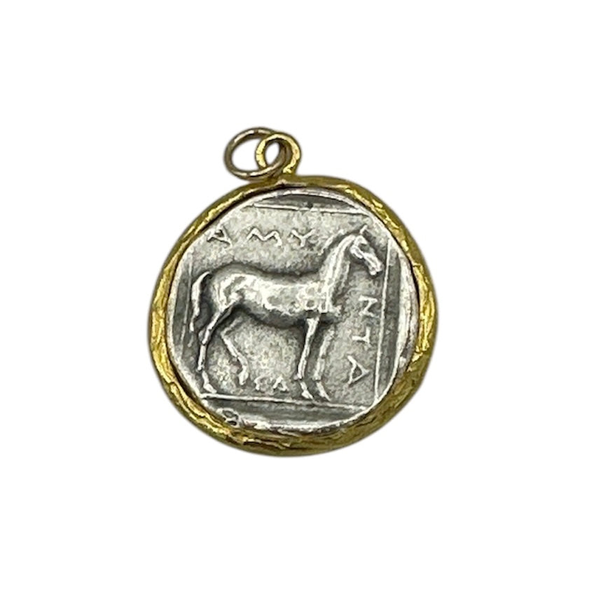 Inspired-ancient-roman-coin-silver-gold-trim-pendant-20mm-belaroca-jewelry