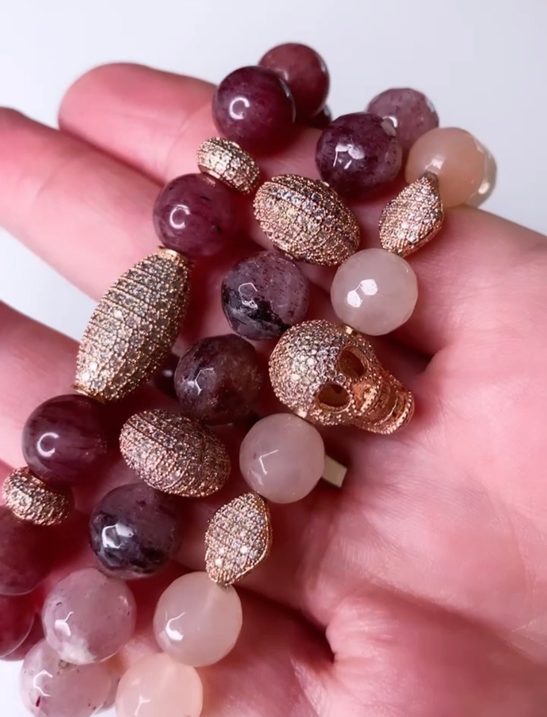 Stretch-Pink-Bracelets-with-ose-gold-cz-spacers-belaroca-jewelry