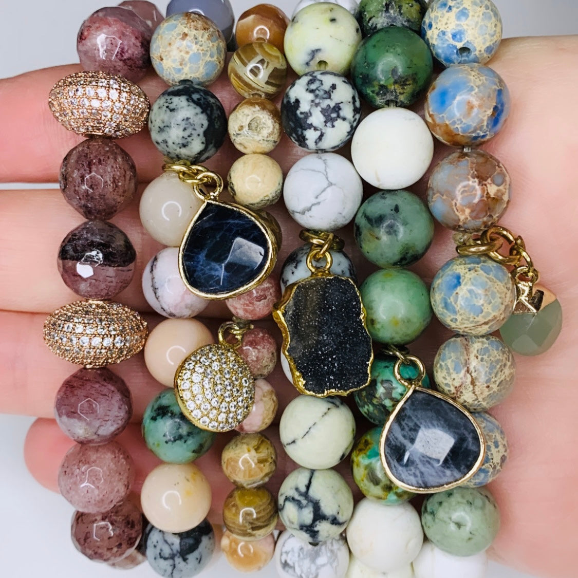 Gemstone Stretch Bracelet with Cubic Zirconia Spacers